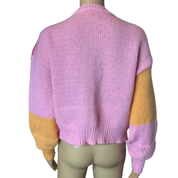 Women Open Knit Sweater Cardigan Medium Pink Orange Colorblock Fruit Embroidery - Picture 7 of 15